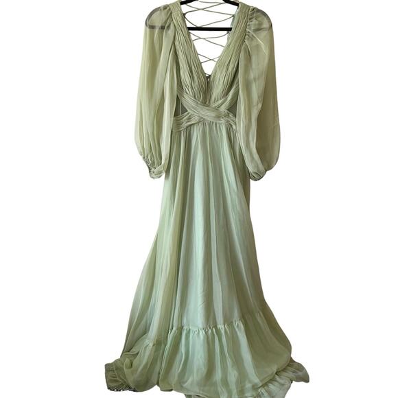 Mac Duggal Lace Up Chiffon Ruffle Tiered Goddess Gown green size 2 CL1 - Picture 5 of 7